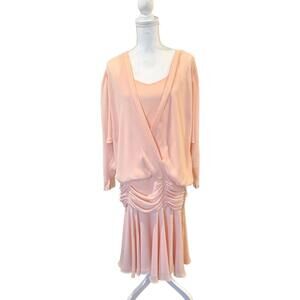 Martinique Peach Vintage Long Sleeve Midi Ruched Dress, Medium